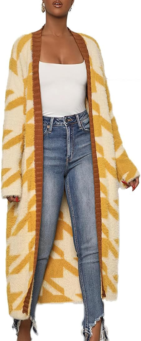 chouyatou Women’s Furry Warm Color Block Houndstooth Printed Open Front Cardigan Knit Long Swea... | Amazon (US)