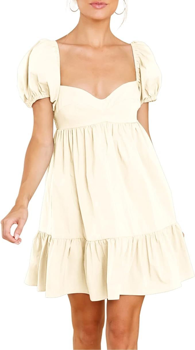 BELONGSCI Women's 2024 Summer Dress,Square & Sweetheart Neck Dress Short Puff Sleeve A-Line Casua... | Amazon (US)