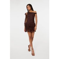 Brown Lace Ruffle Dress | PrettyLittleThing UK