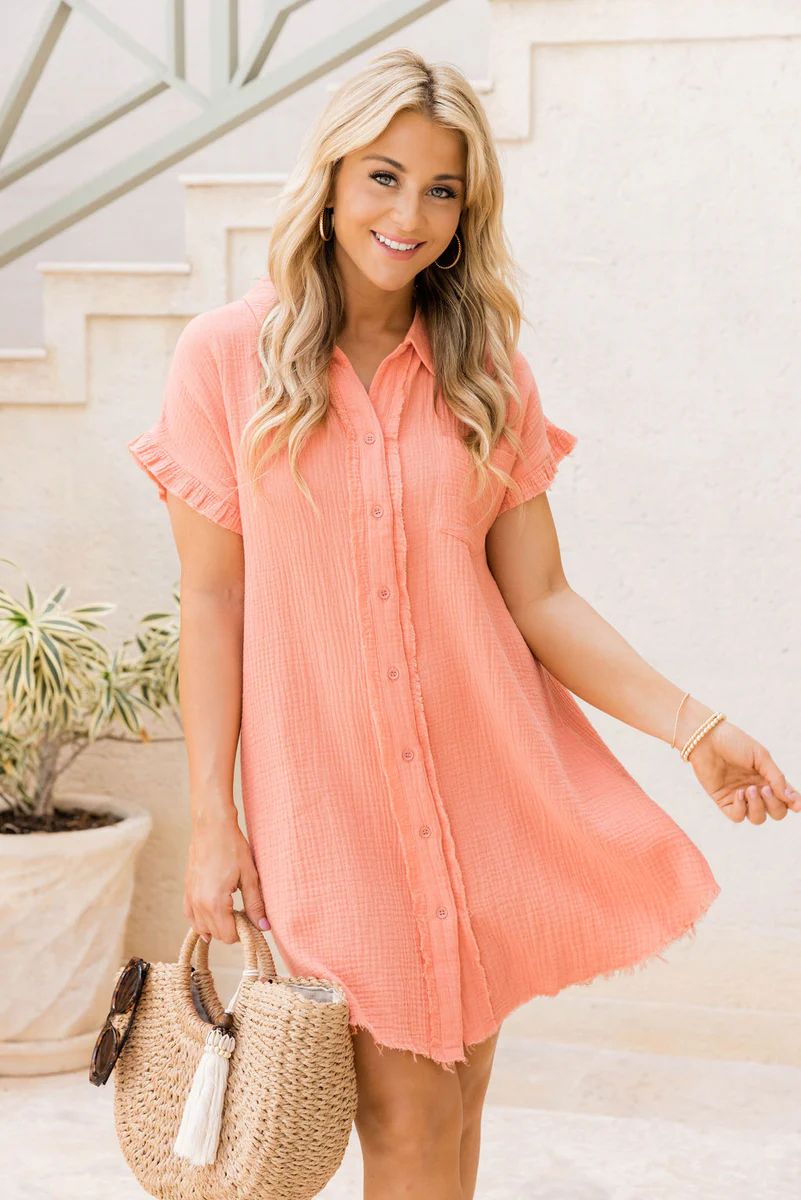No Worries Coral Gauze Button-Up Mini Dress | Pink Lily