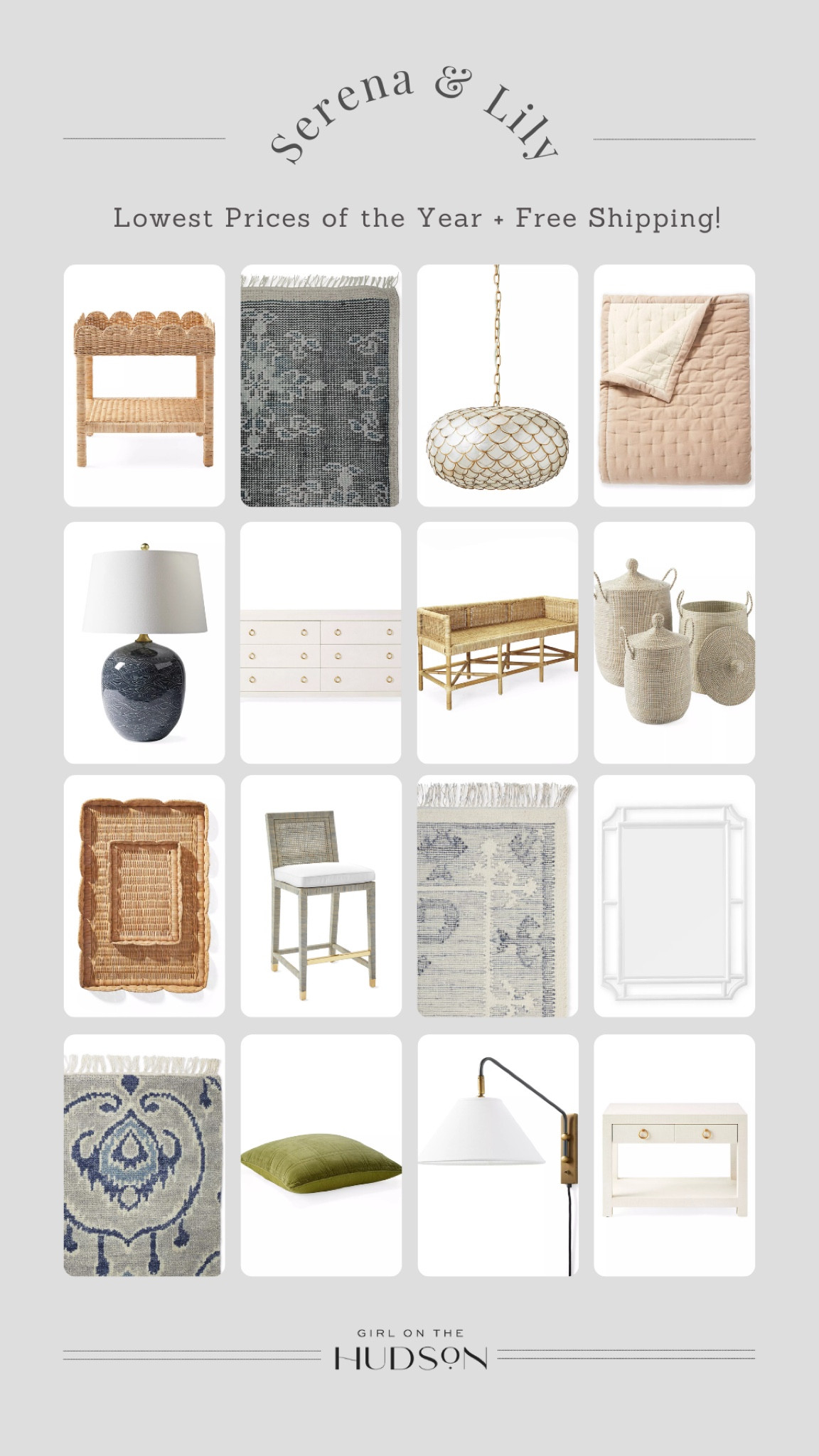 Serena & Lily’s biggest sale of the year! My favorite things that we own and love include: our living room rug, bedroom rug and entryway rug! Counter stools and dining chairs, La Jolla baskets, Callie’s bedside table, the coziest velvet blanket, scalloped basket and shore bench, and some of my favorite mirrors and lighting! 

#LTKHome #LTKSaleAlert #LTKStyleTip