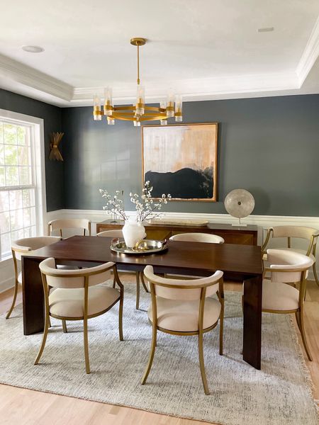 Paint color: Sherwin Williams Webb Grey 

Dining room table. Dining room chairs. Gold chandelier. Area rug. Dining room decor  

#LTKunder100 #LTKhome #LTKunder50