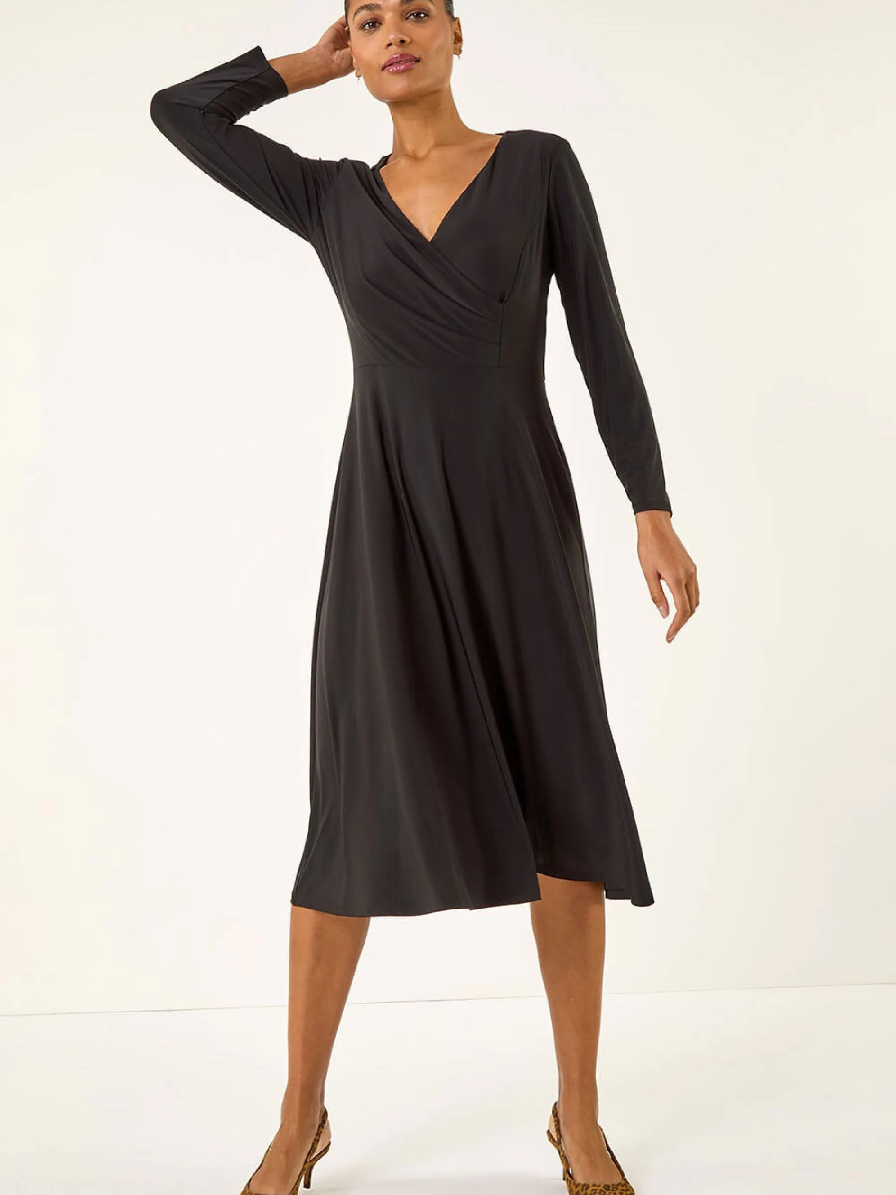 Roman Roman Black Wrap Bodice Tie Waist Midi Dress | Next US