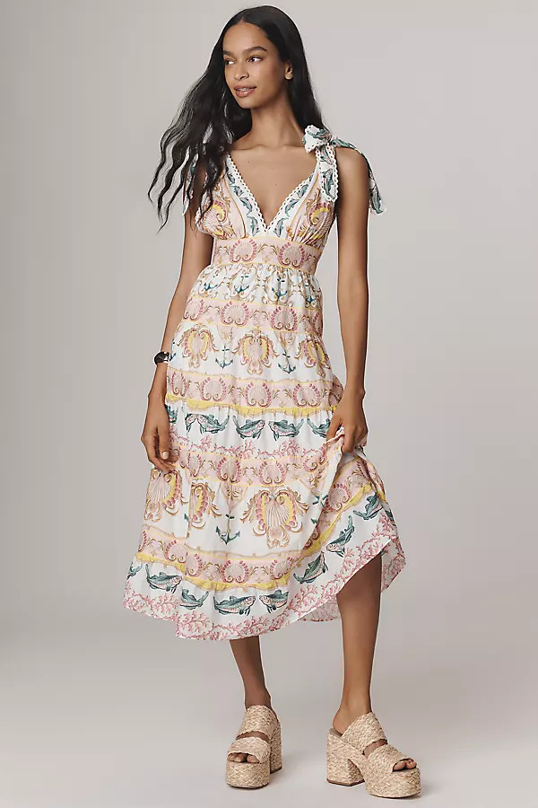 Farm Rio Maritime Magic Tie-Strap V-Neck Midi Dress | Anthropologie (US)