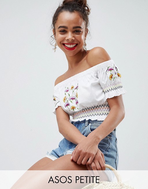 ASOS DESIGN Petite Off Shoulder Top With Floral Embroidery | ASOS US