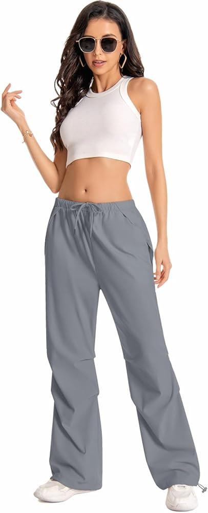 Parachute Pants for Woman Baggy Cargo Pants Drawstring Elastic Waist Y2K Causal Trousers with 4 P... | Amazon (US)