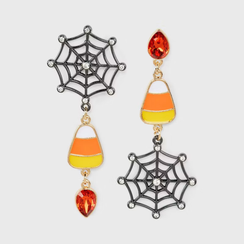 Halloween Mismatched Spider Web and Candy Corn Drop Earrings - Orange | Target