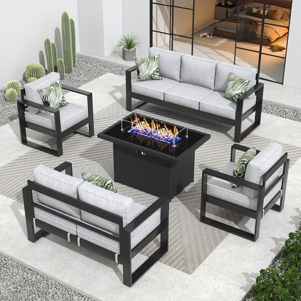Outdoor Aluminum Furniture Set with Fire Pit Table - 5 Pieces Modern Patio Conversation Sets Meta... | Amazon (US)