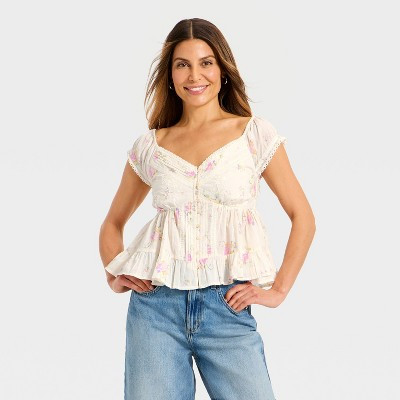 Women's Puff Short Sleeve Pintuck V-Neck Blouse - Universal Thread™ Cream Floral XL | Target