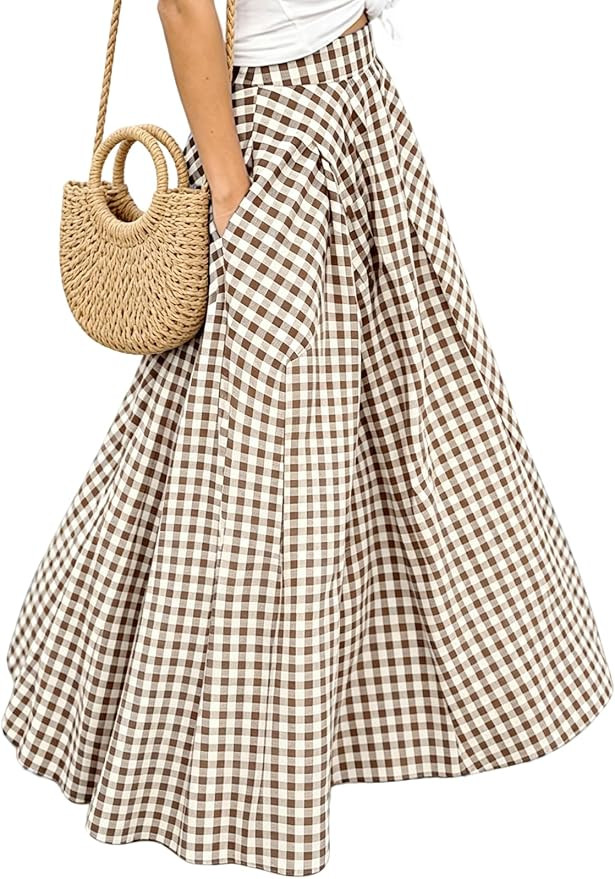 Women's Plaid Gingham Maxi Skirt with Pockets High Waist A Line Pleated Flared Gingham Casual Swi... | Amazon (US)