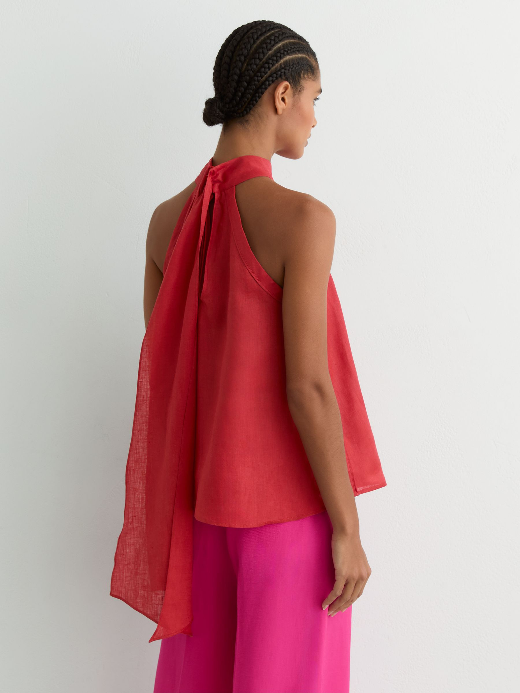 Linen Sleeveless Scarf-Neck Top in Coral Red | Reiss DE