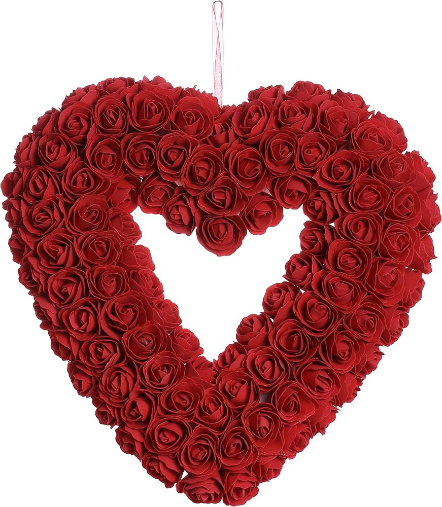 JINGHONG Valentine’s Day Wreath,13 Inch Artificial Heart-Shaped Wreath Romantic Rose Wreaths fo... | Amazon (US)