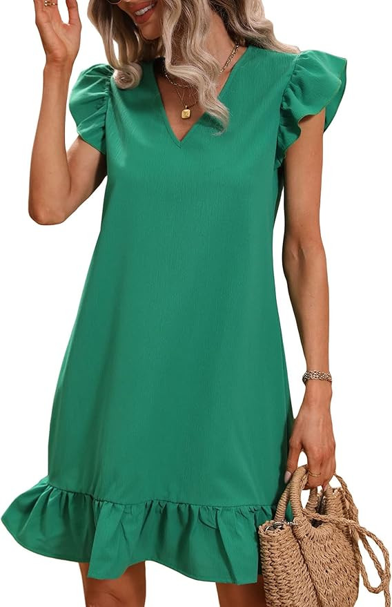 SOLY HUX Summer Dresses for Women V Neck Cap Sleeve Ruffle Hem Smock Short Dress | Amazon (US)