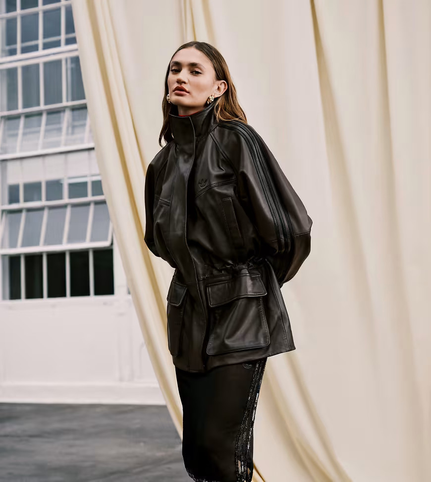 adidas Originals x ASOS leather jacket with funnel neck in brown | ASOS (Global)