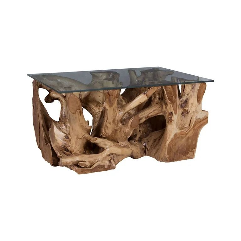 35.25" Brown Transitional Teak Root Coffee Table with Glass Top | Walmart (US)