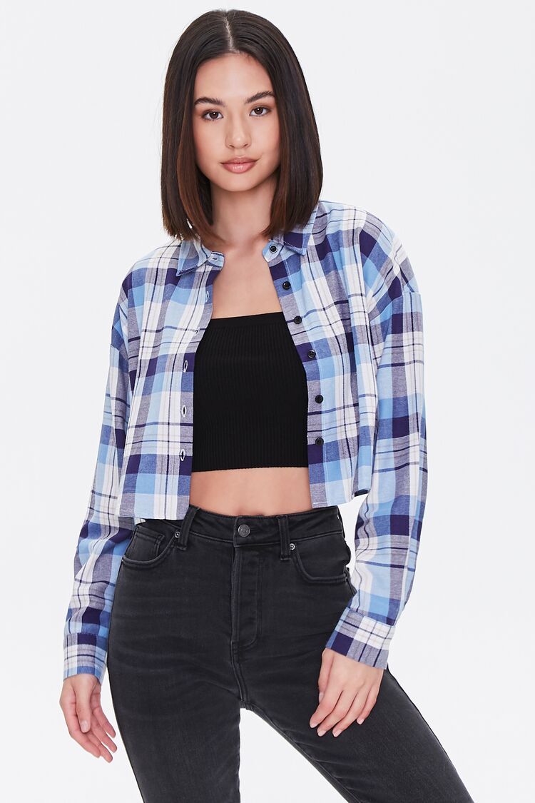 Cropped Flannel Shirt in Navy Small | Forever 21 (US)