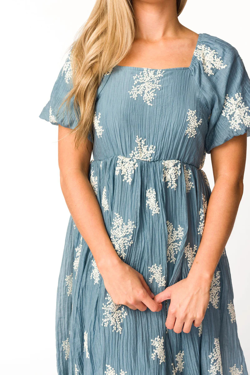 Hallie Embroidered Maxi Dress in Dusty Blue - Bump Friendly & Inclusiv | Worth Collective