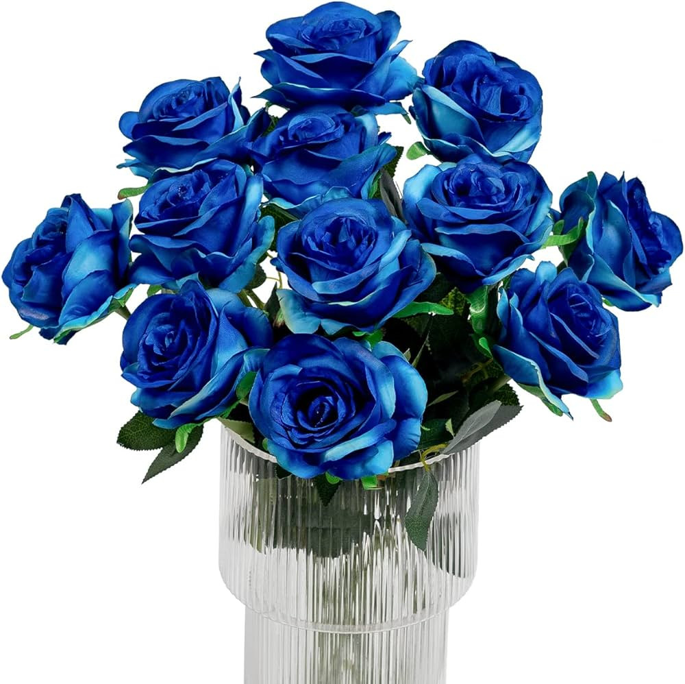 Kisflower 12Pcs Gradient Blue Roses Artificial Flowers, Realistic Single Stem Flowers Silk Rose B... | Amazon (US)