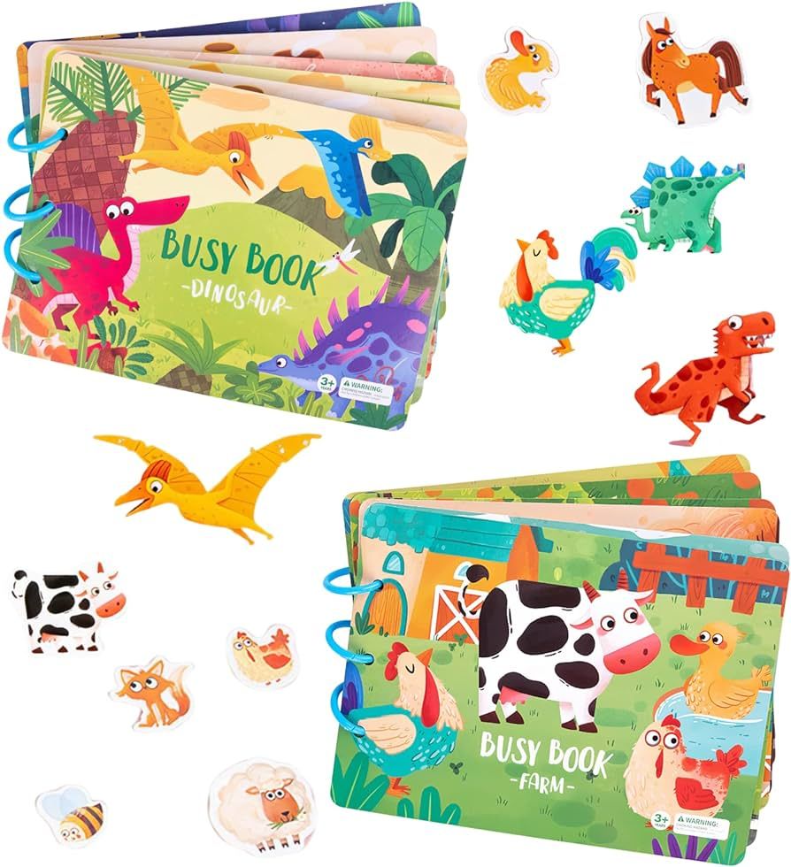 2 Pack DIY Montessori Busy Book for Toddlers, Montessori Quiet Book for Kids, Farm Dinosaur Presc... | Amazon (US)