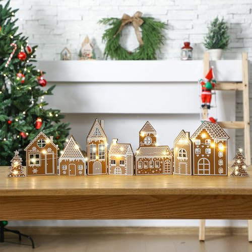 Retisee 1 Set Christmas Gingerbread House Decorations Foldable Christmas Gingerbreads House with LED Light and 2 Pcs Tree Xmas Village Home Decor Gift for Party (Gingerbread, Yellow) | Amazon (US)
