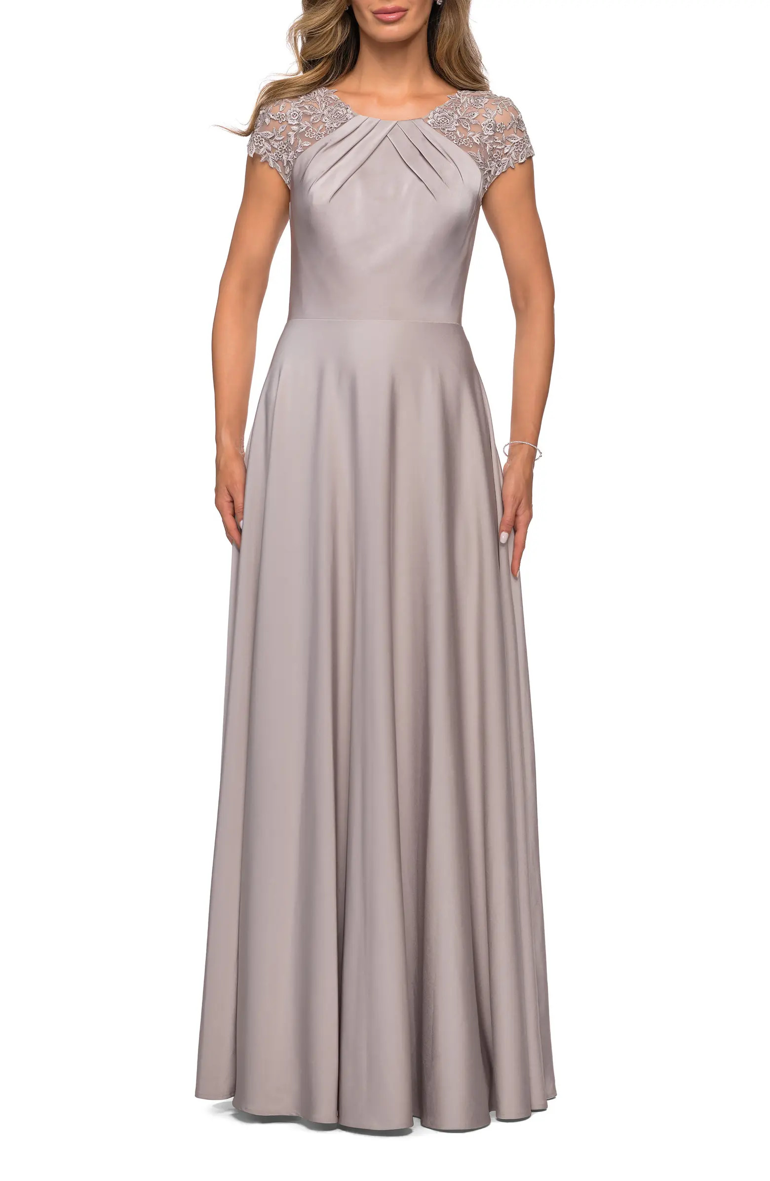 Long Satin Dress with Sheer Floral Lace Cap Sleeves | Nordstrom