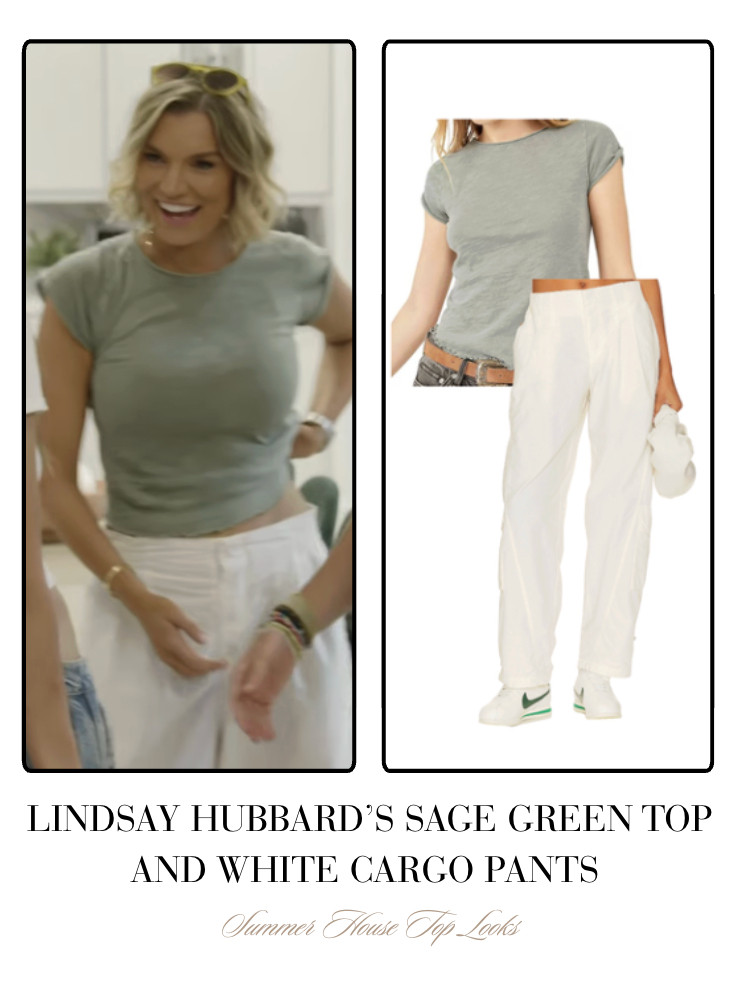 Lindsay Hubbard's Sage Green Top with White Cargo Pants 

 