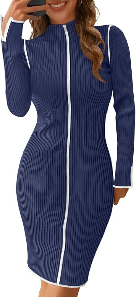 MEROKEETY Women's 2024 Long Sleeve Ribbed Knit Short Dress Color Block Mock Neck Bodycon Sweater ... | Amazon (US)