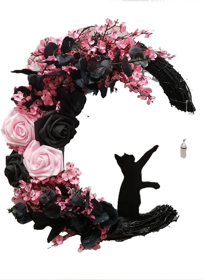 HAZYJT Halloween Moon Cat Garland with Rose, Black Decorations Halloween Garland, Halloween Wreat... | Amazon (US)