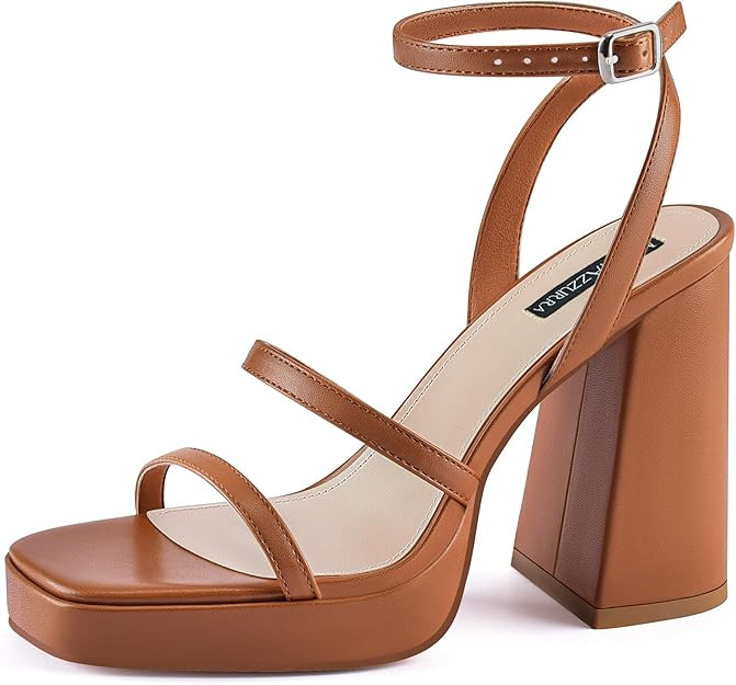 MIRAAZZURRA Platform Strappy Heel Sandals Square Open Toe Two Strap Chunky High Heeled Sandals wi... | Amazon (US)