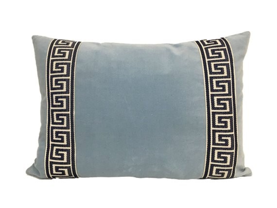 Light Blue Velvet Lumbar Pillow Cover with Marine Blue Greek Key Trim | Etsy (US)