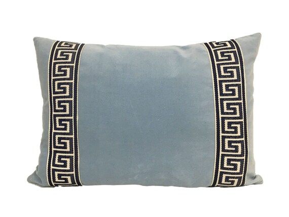 Light Blue Velvet Lumbar Pillow Cover with Marine Blue Greek Key Trim | Etsy (US)