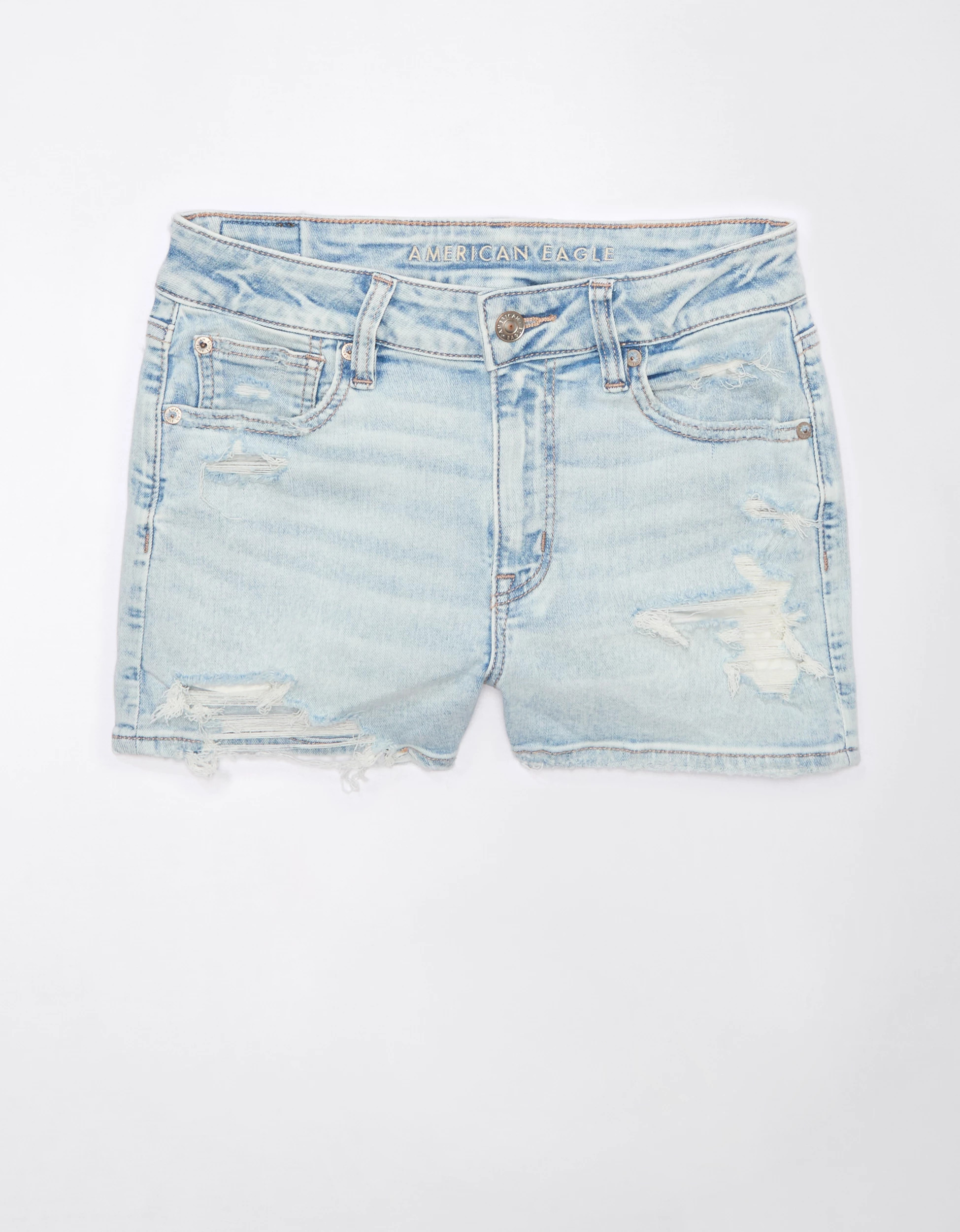 AE Next Level High-Waisted V-Rise Ripped Denim Short Short | American Eagle Outfitters (US & CA)