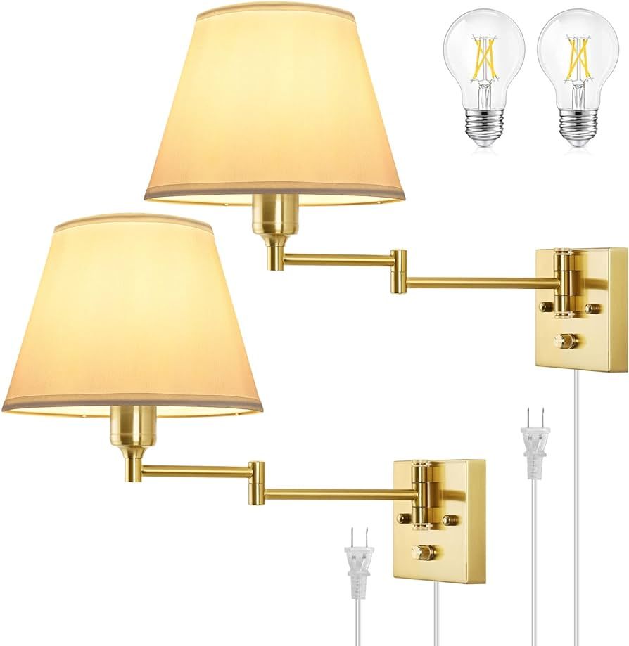 TRLIFE Wall Sconce Plug in, Brushed Brass Dimmable Wall Sconces Set of 2 Swing Arm Wall Lights wi... | Amazon (US)