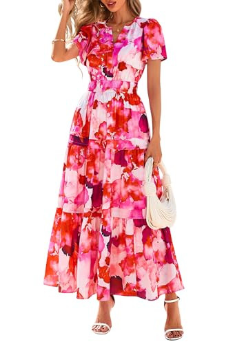 PRETTYGARDEN Women's 2026 Summer Boho Maxi Dresses Floral Short Sleeve V Neck A Line Tiered Flowy Long Beach Vacation Dress (Red,Medium) | Amazon (US)