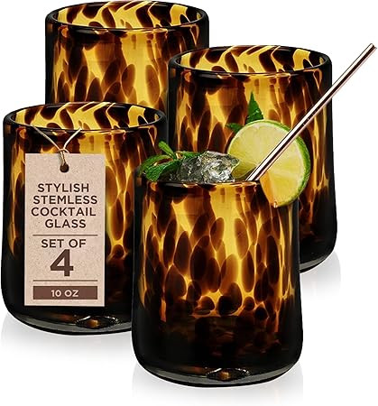 IMPULSE! Tortoise Leopard Print Brown 10 oz. Rocks Glasses, Set of 4 - Stylish Stemless Cocktail ... | Amazon (US)