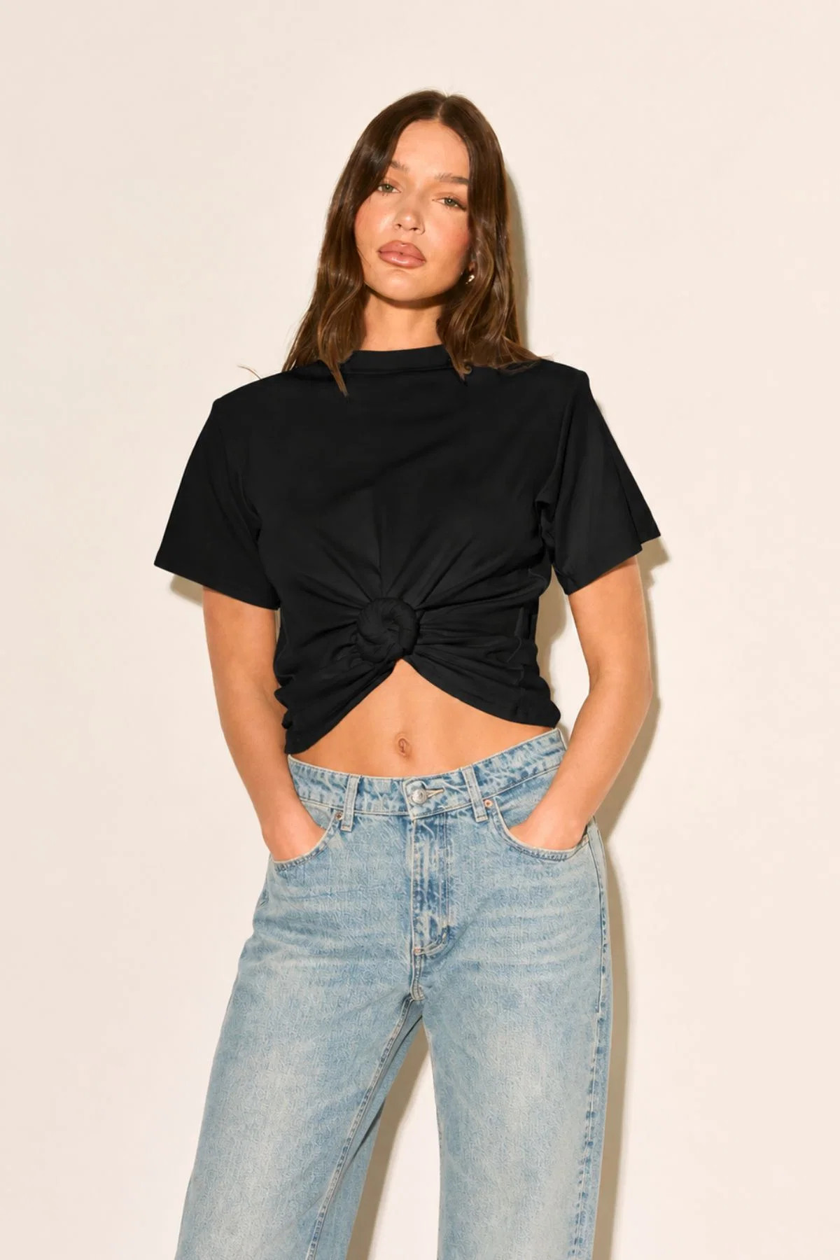 JENNICA Black Pre Knotted Shoulder Pad T-Shirt | Noughts and Kisses