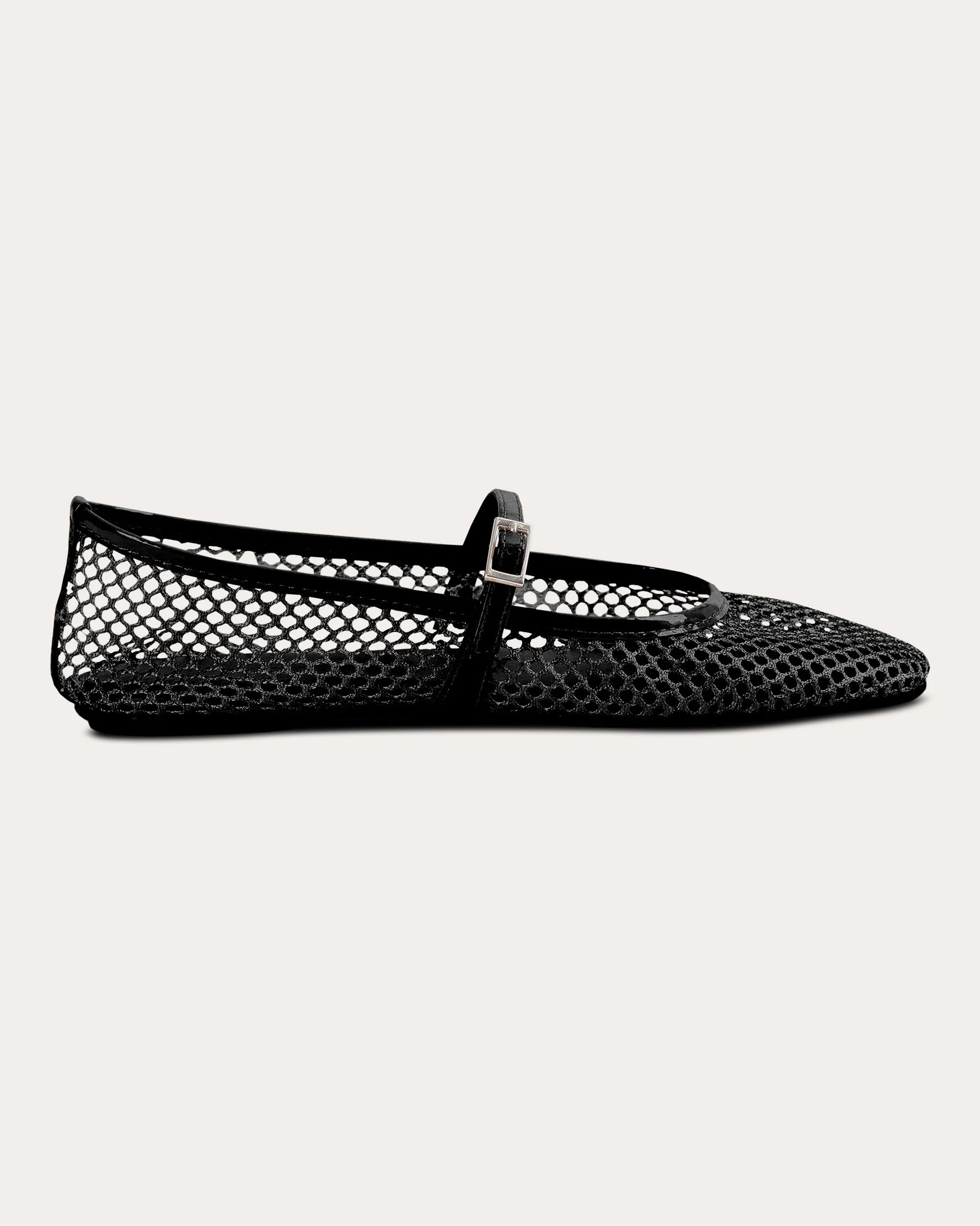 Black Suede Studio Women's Mika Patent Leather-Trimmed Mesh Ballet Flat in Black Mesh/black Leather Leather/Mesh | Olivela