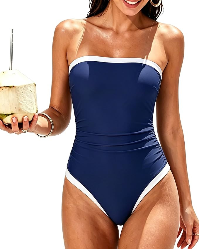 SUUKSESS Women One Piece Tummy Control Swimsuit Strapless Bandeau Bathing Suit | Amazon (US)