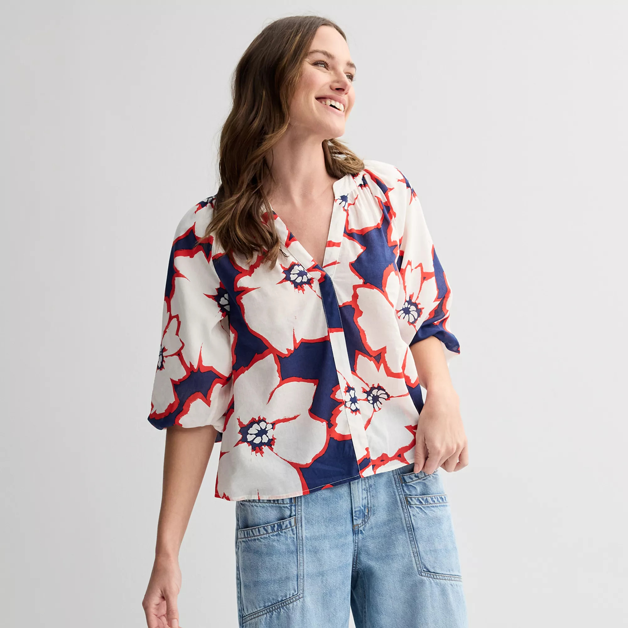 Women's Sonoma Goods For Life® Shirred Balloon Sleeve Y-Neck Top | Kohl's