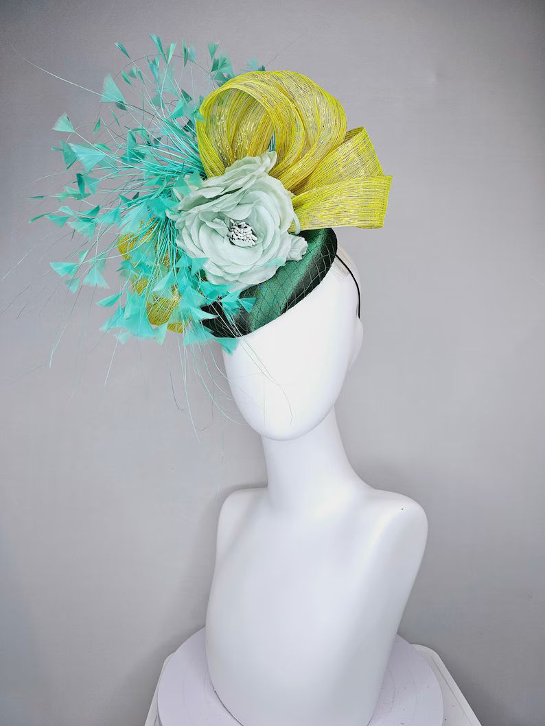 Kentucky Derby Hat Fascinator Green Satin With Light Green Ivory Silk Flowers Green Feathers and ... | Etsy (US)