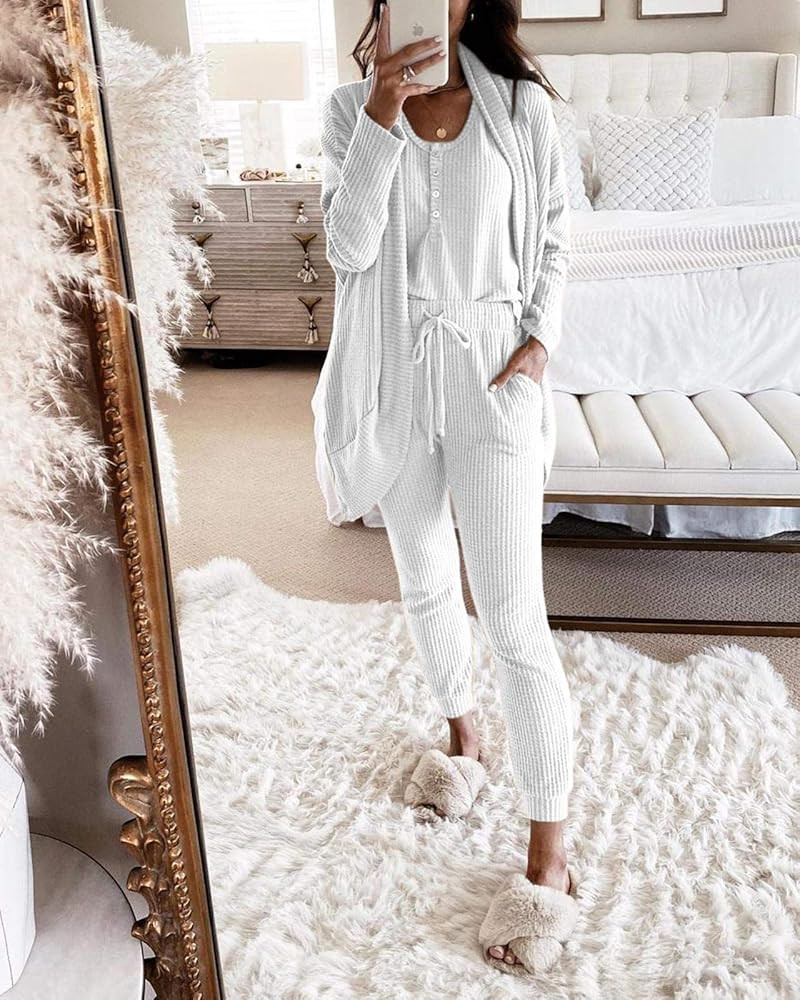 Womens 3 Piece Lounge Pajamas Sets Cami Tank Top & Soft Pants and coat Waffle Knit Loungewear | Amazon (US)