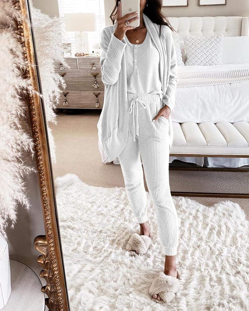 Womens 3 Piece Lounge Pajamas Sets Cami Tank Top & Soft Pants and coat Waffle Knit Loungewear | Amazon (US)