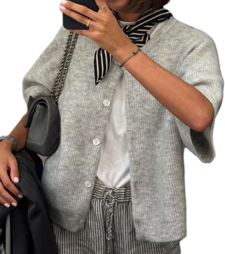 ICNGLKSND Women's Short Sleeve Cardigan Button Down Open Front Crewneck Sweaters Knit Solid Crop ... | Amazon (US)