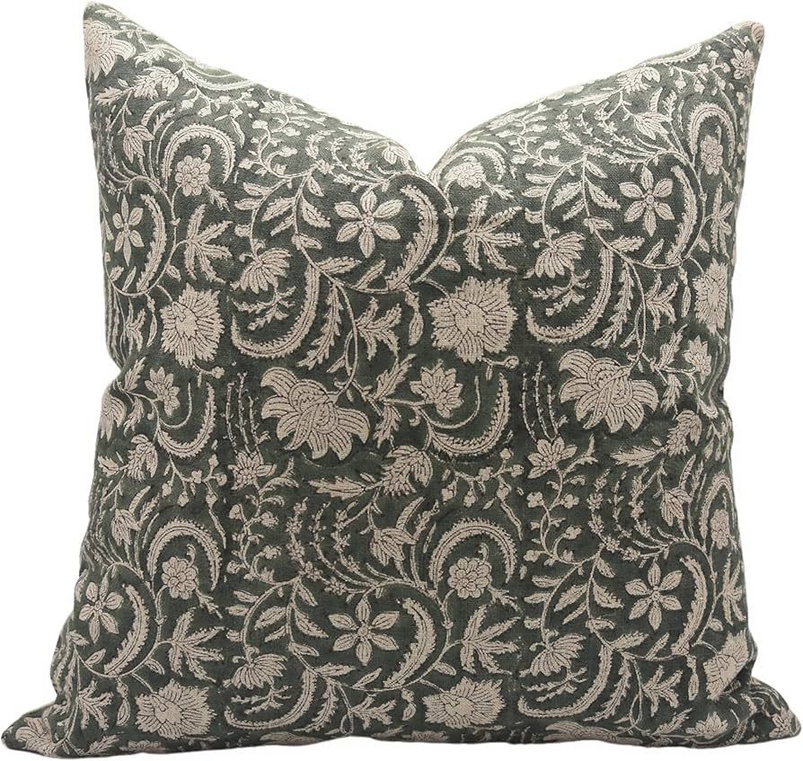 Block Print Handmade Thick Linen 18X18 Throw Pillowcase Cushion Cover with Zipper for Sofa, Couch... | Amazon (US)