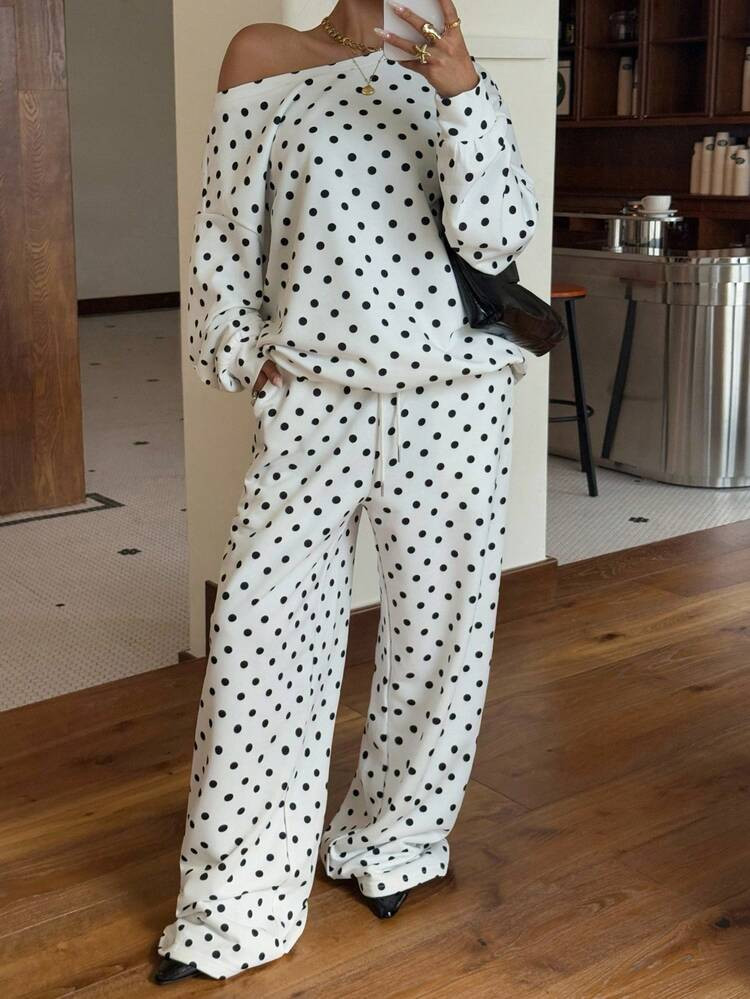 Muchica Women's Polka Dot Oblique Shoulder Loose Sweatshirt And Sweatpants Set, Autumn/Winter,For Going Out Outfits, Streetwear, Y2K Clothes,Cozy Fall And Winter Clothes For Women | SHEIN