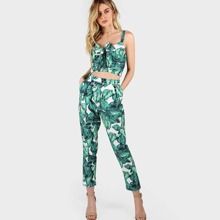 Front Tie Leaf Print Crop and Matching Pants Set | SHEIN