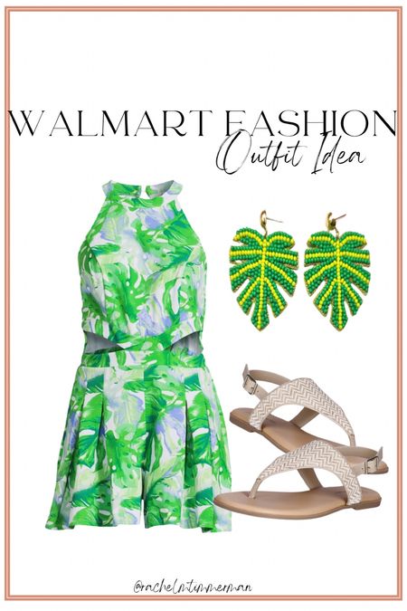 This CUTE new Walmart fashion romper will be in Walmart new arrivals this weekend. I love the details! Cutest palm print. These earrings and sandals are also Walmart finds. 

Walmart fashion. Walmart finds. LTK under 50. 