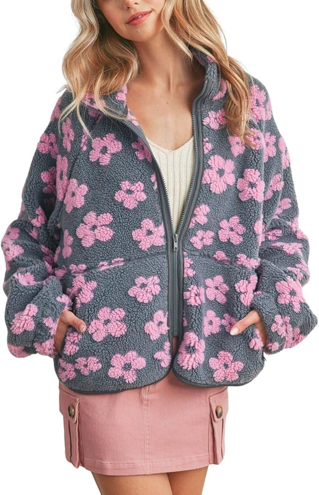 chouyatou Women's Fall Winter Casual Cute Floral Fleece Jacket Fuzzy Zip Up Sherpa Jacket Faux Fu... | Amazon (US)