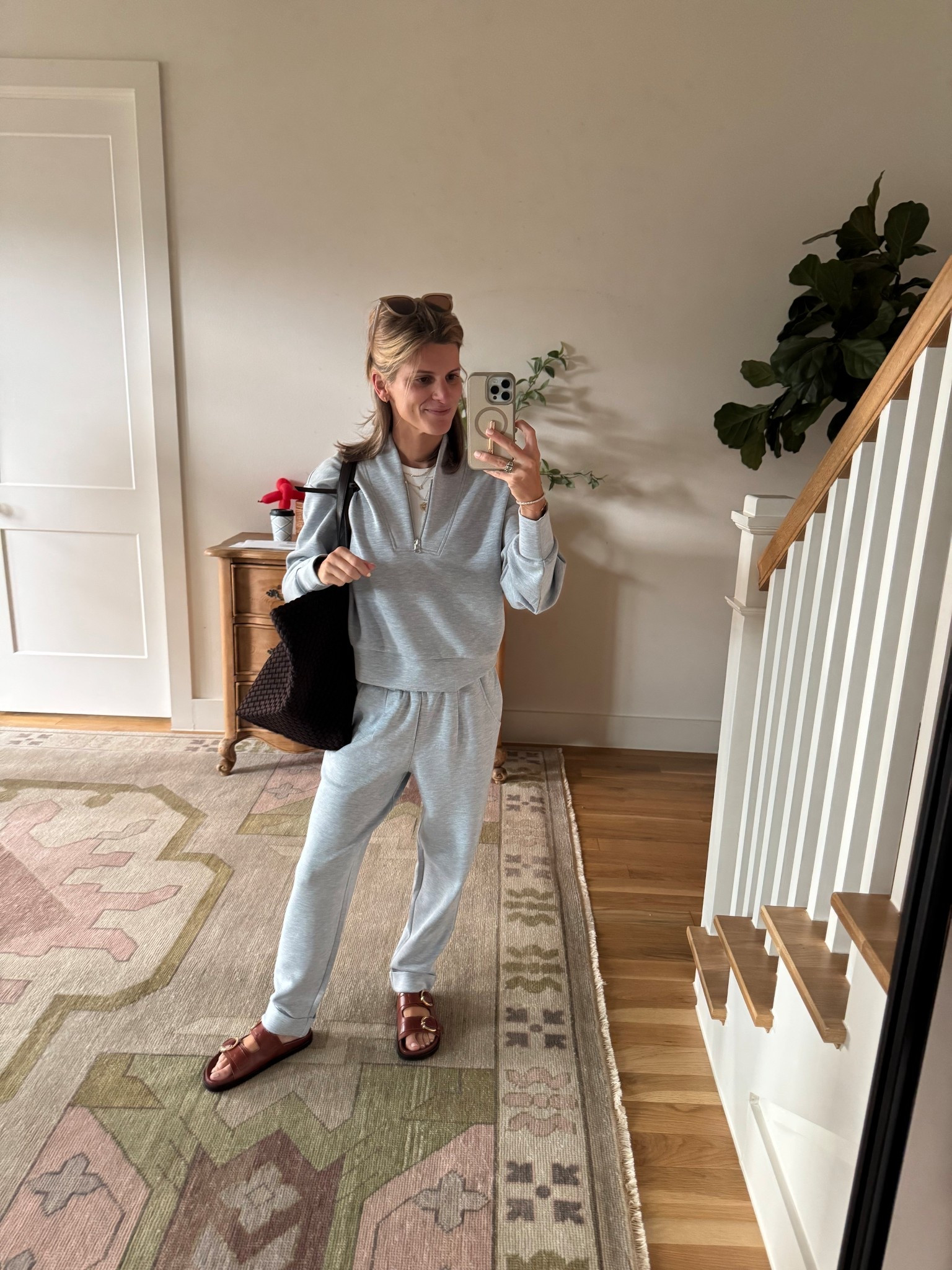 Varley light blue set - wearing xs 
Athleta tee - wearing xs 
Naghedi jetsetter tote - large chocolate 