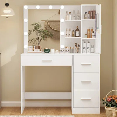 Makeup Vanity With Lighted Mirror Christmas Gifts, Vanity Desk With 4 Drawers And Open Shelves For Bedroom, Black | Wayfair North America